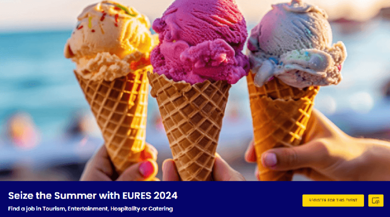 Mednarodni spletni zaposlitveni sejem Seize the Summer with EURES, februar 2024, Registracija na dogodek, v ozadju trije sladoledi